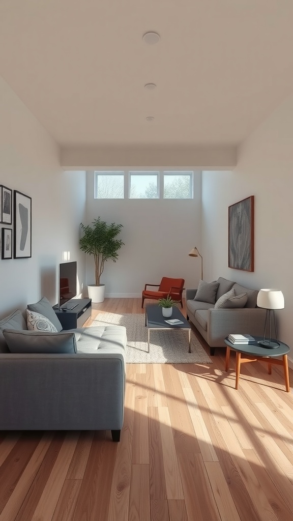 A long narrow living room with two sofas, a coffee table, and a plant, showcasing strategic furniture arrangement.