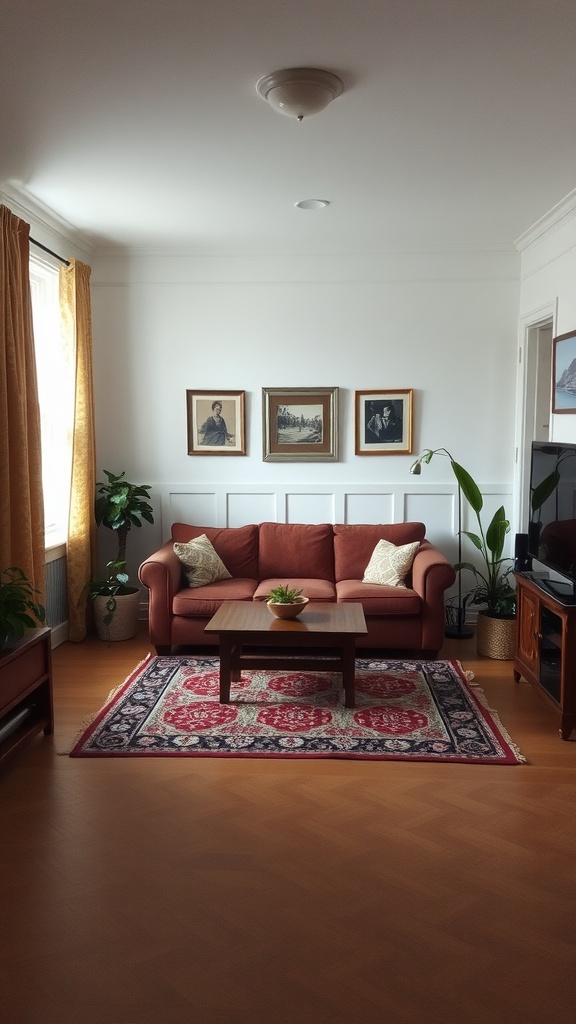 A cozy small living room featuring a classic rug under a coffee table, surrounded by a sofa, plants, and framed pictures on the wall.