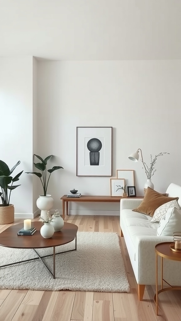 A minimalist living room featuring a white couch, wooden coffee table, plants, and simple decor.