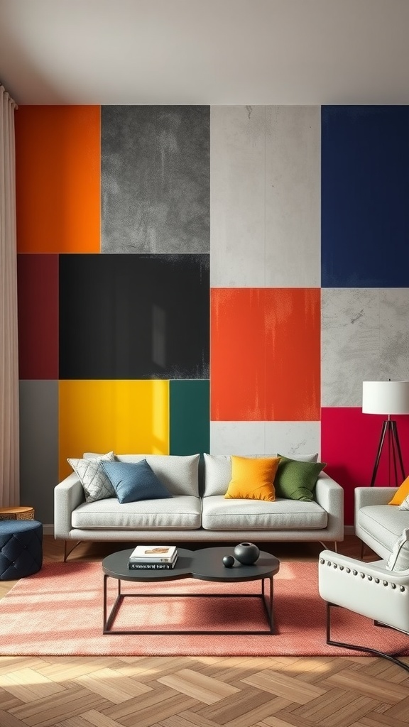 Living room with striking color block wallpaper featuring orange, black, green, and other colors.