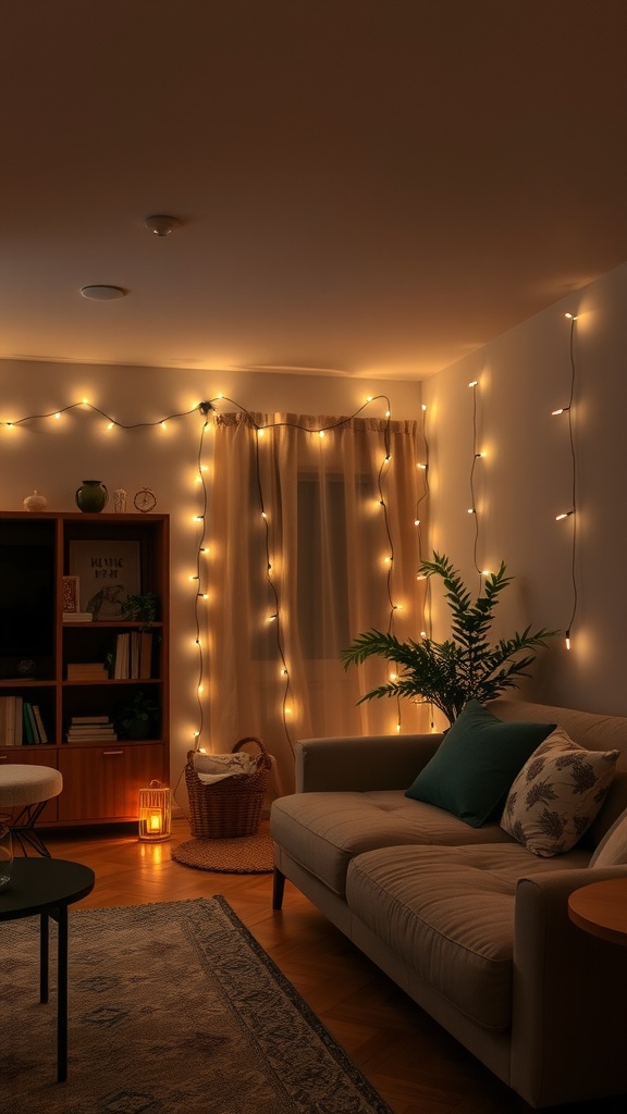 A cozy living room with string lights adorning the walls, creating a warm ambiance.