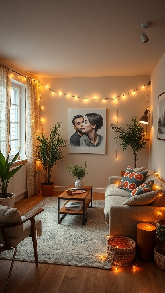 Living room with warm string lights, plants, and cozy furniture