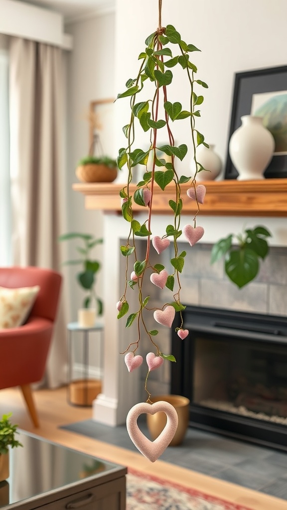 A String of Hearts plant cascading with heart-shaped leaves in a cozy living room setting.