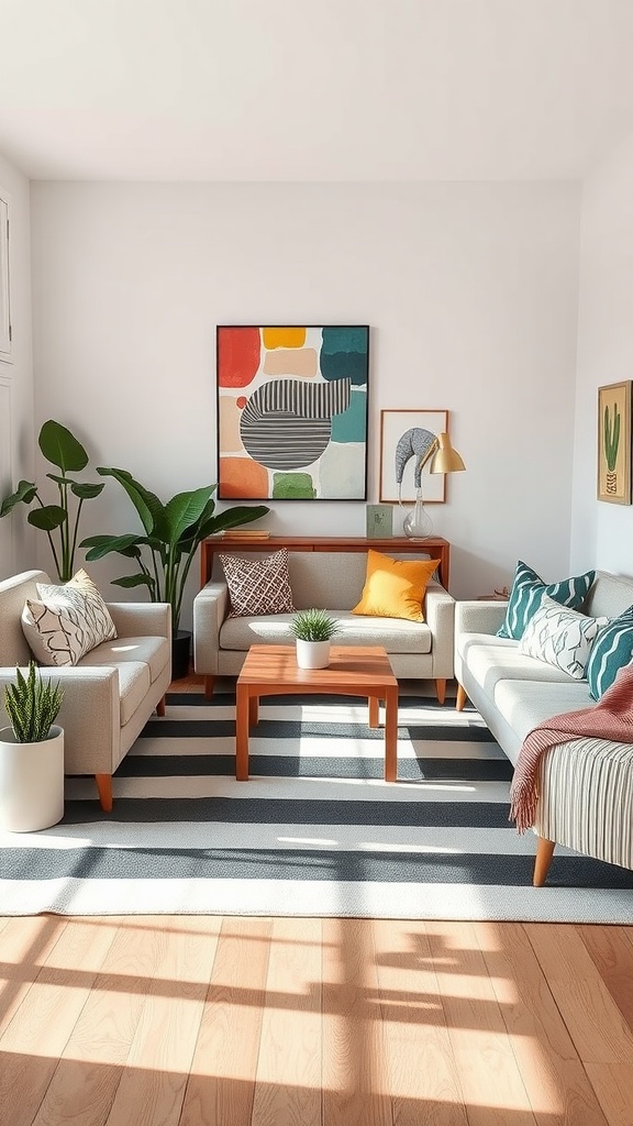 A cozy living room featuring a striped rug, soft furniture, and colorful decor.