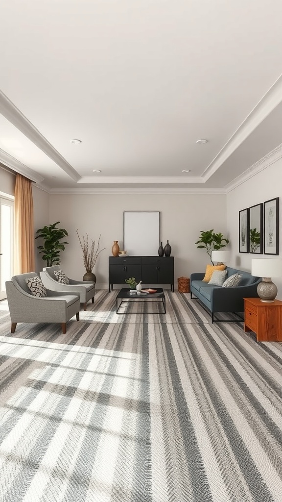 Living room featuring a striped carpet with gray and cream colors, stylish furniture, and natural light.