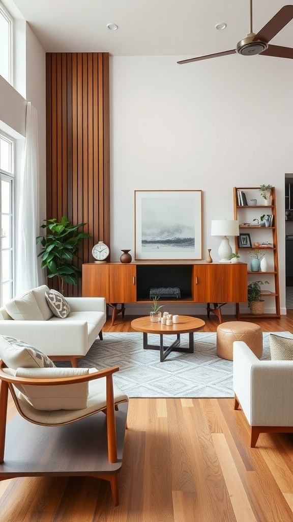 A modern living room featuring white furniture, wooden accents, and a stylish accent wall.