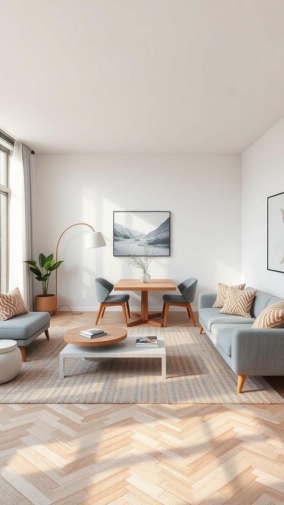 Stylish living room dining room showcasing a cozy area rug under seating and dining furniture.