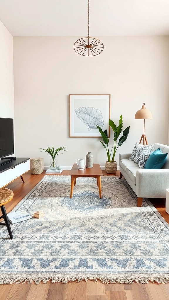 A modern living room featuring a stylish area rug in blue and cream tones, with light furniture and decorative plants.