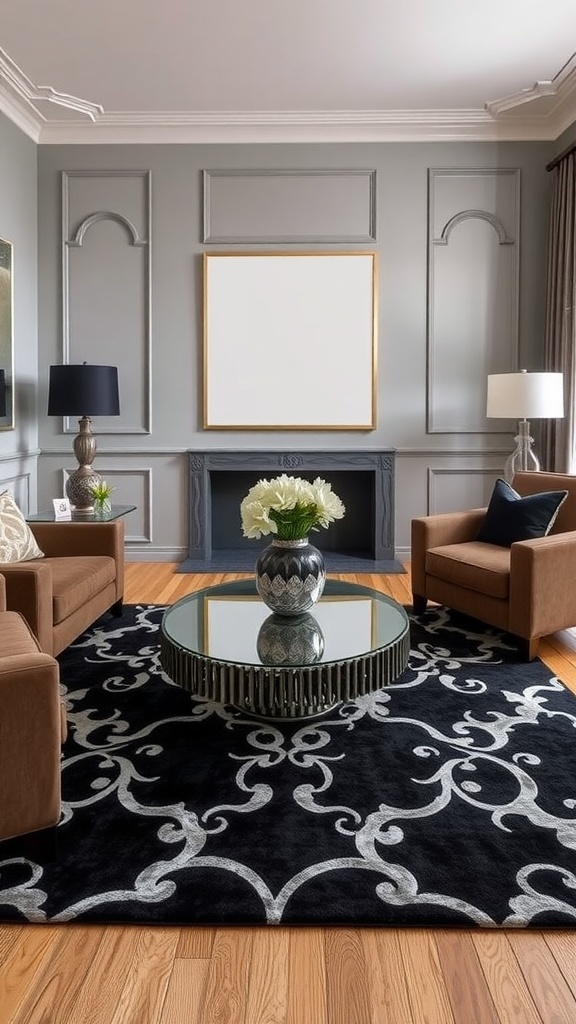 A stylish black and silver area rug in a living room with brown chairs and a glass table.