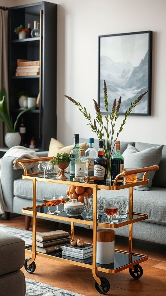 A stylish gold bar cart filled with various drinks, glasses, and decorative elements in a cozy living room.