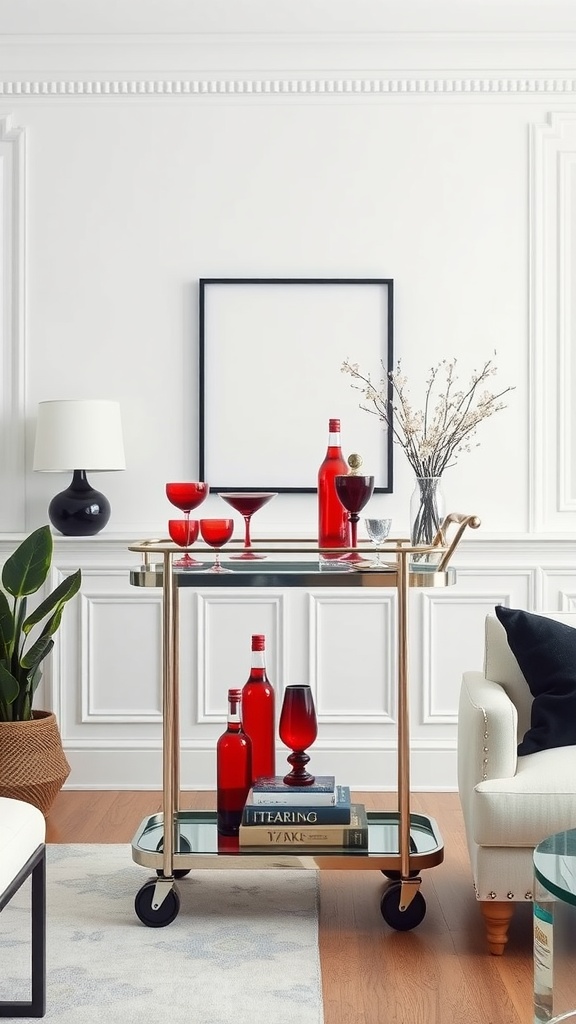 A stylish bar cart featuring red bottles, glasses, and books in a modern living room