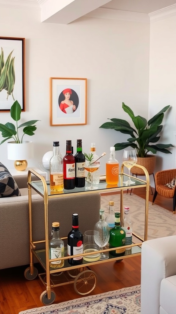 A stylish gold bar cart with various bottles and glassware, positioned in a modern living room