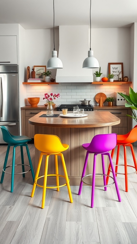 Colorful bar stools around a kitchen island with a modern design.