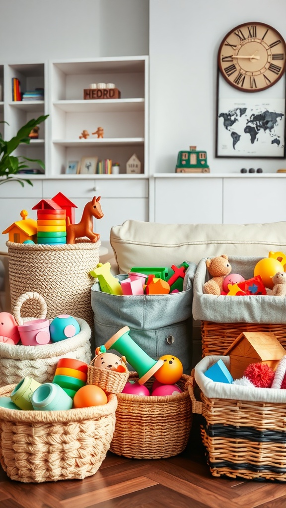 Colorful storage baskets filled with toys in a cozy living room