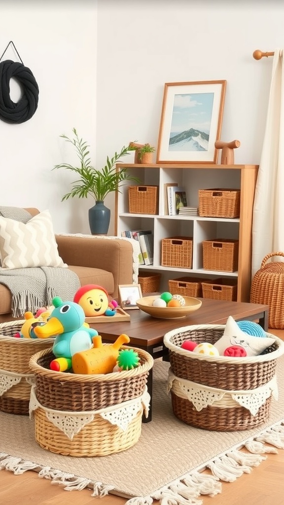 Living room with stylish toy baskets for storage