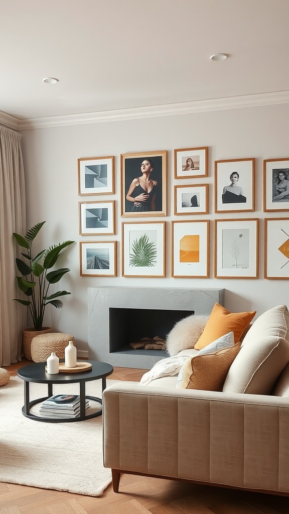 Living room with a beige gallery wall featuring framed artworks, a cozy sofa, and a round coffee table