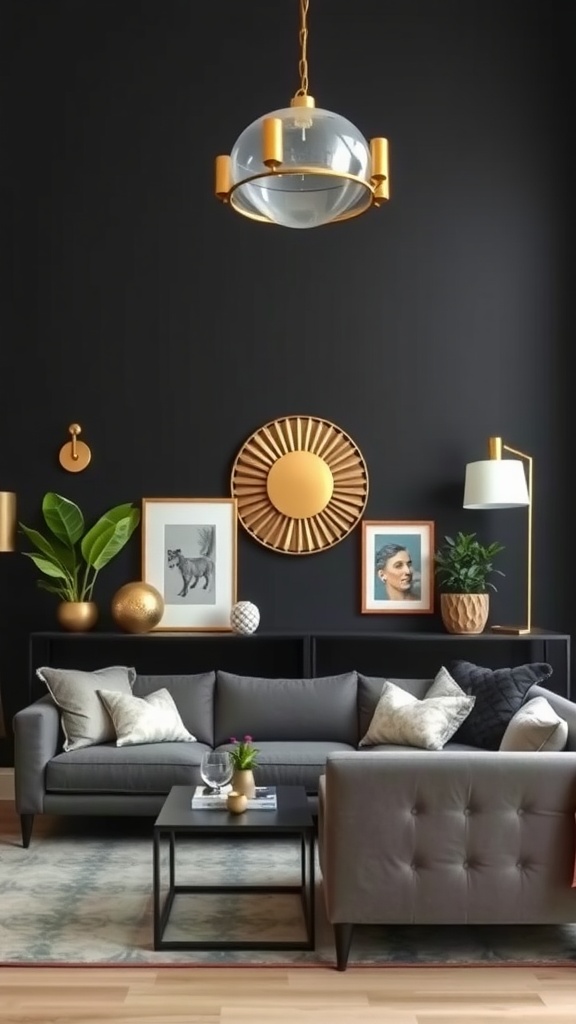 A stylish living room featuring a black accent wall with brass fixtures, modern furniture, and colorful decor elements.