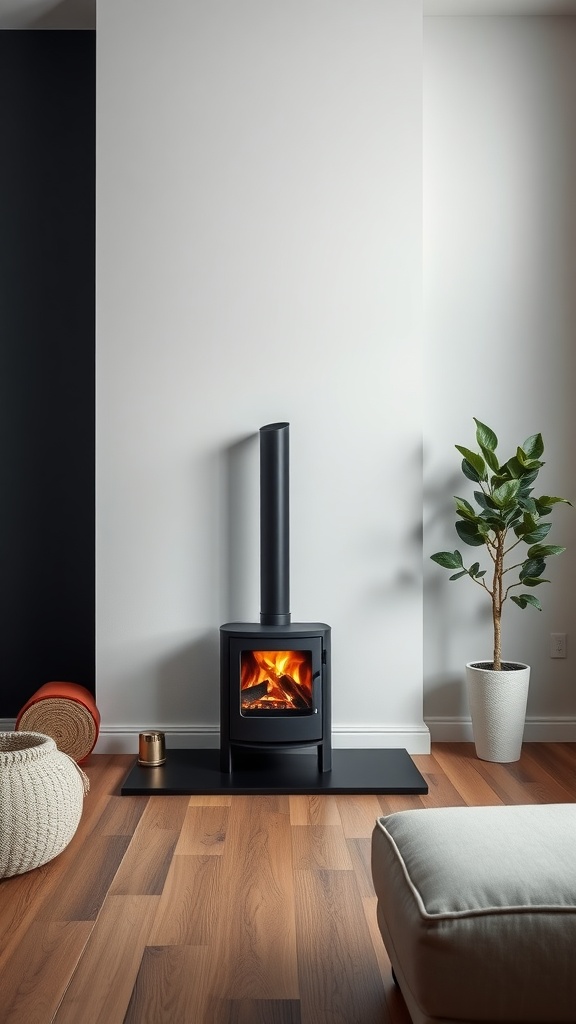 Living room featuring a black accent wall and a wood-burning stove