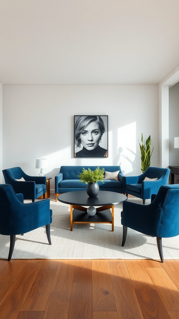 A stylish black coffee table surrounded by navy blue chairs and a sofa in a modern living room setup.