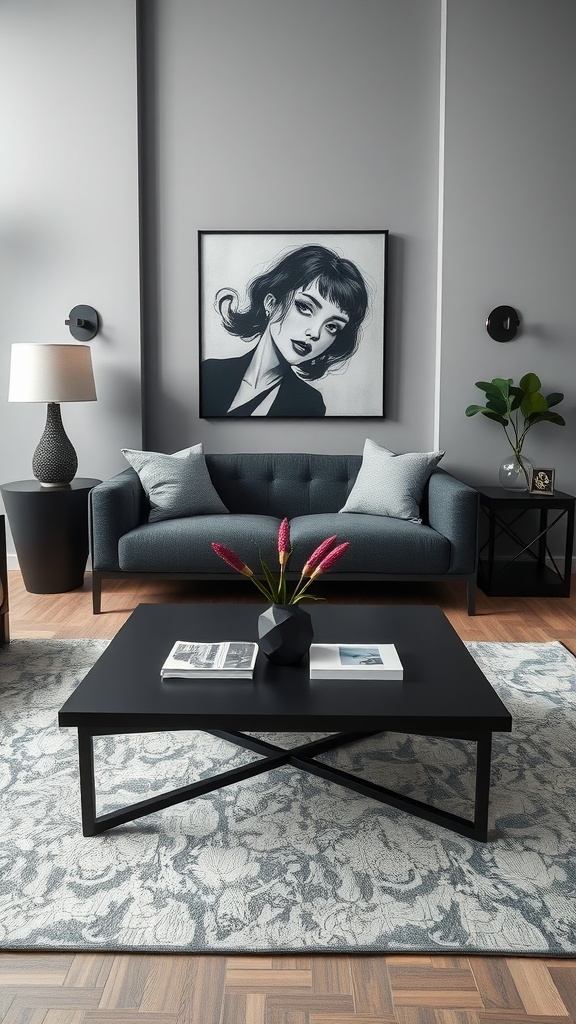 A stylish black coffee table adorned with flowers and magazines in a modern living room.