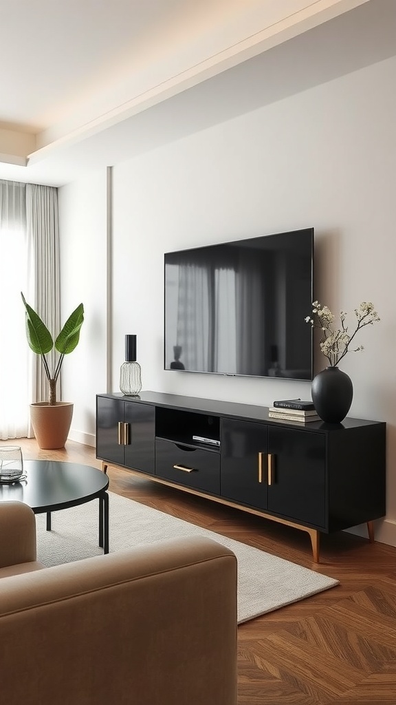 A stylish black media console with golden accents, holding a flat-screen TV, surrounded by light decor and plants.