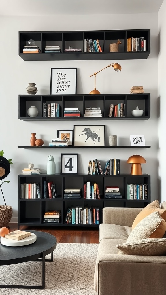 A stylish living room featuring black shelving units filled with books and decorative items, complemented by a cozy sofa and a round coffee table.