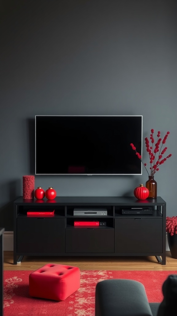 A stylish black TV stand with red decorative accessories, set against a dark wall