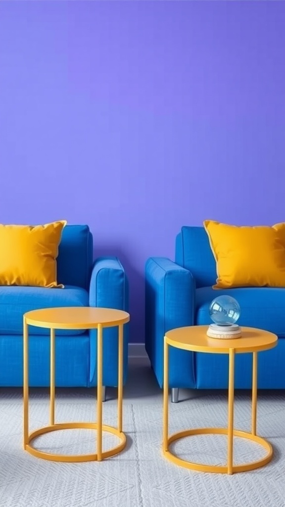 A vibrant living room with blue sofas and yellow side tables, featuring decorative items on the tables