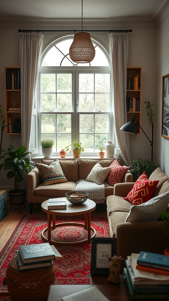 A cozy living room with a stylish book nook featuring a comfortable sofa, natural light from a large window, and decorative plants.