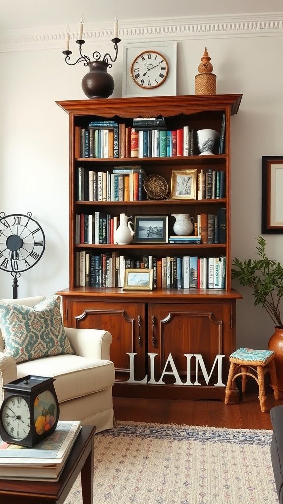 A stylish wooden bookshelf filled with books, decorative items, and a cozy seating area.