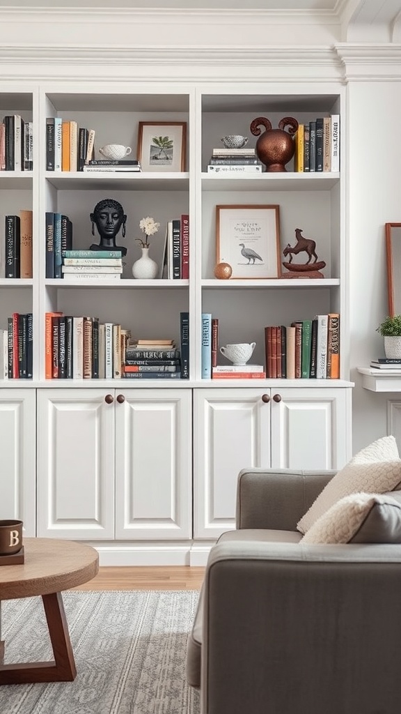 Stylish white bookshelves filled with books and decorative items in a cozy living room.