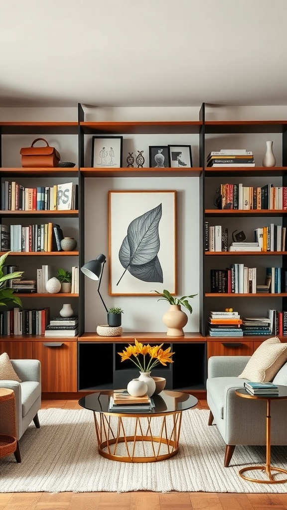 A stylish mid-century boho living room with an organized bookshelf, comfortable seating, and decorative elements.