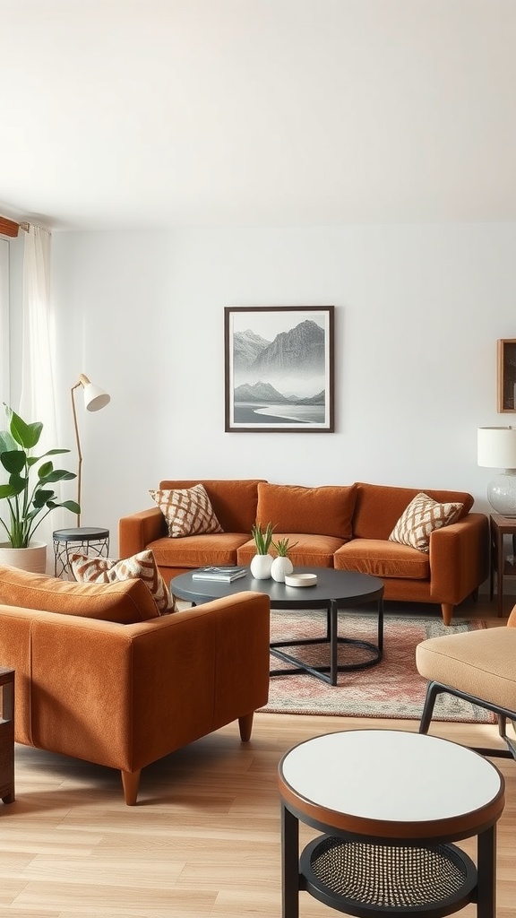 A stylish living room featuring brown furniture, a black coffee table, and indoor plants.