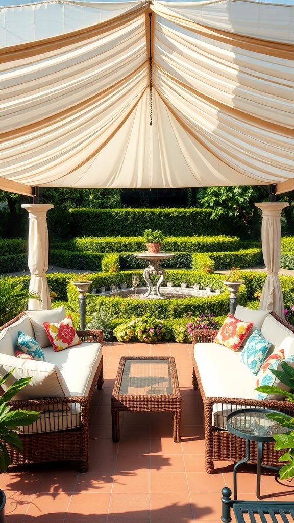 A cozy outdoor lounge area with a canopy, comfortable seating, and a view of greenery and a fountain.