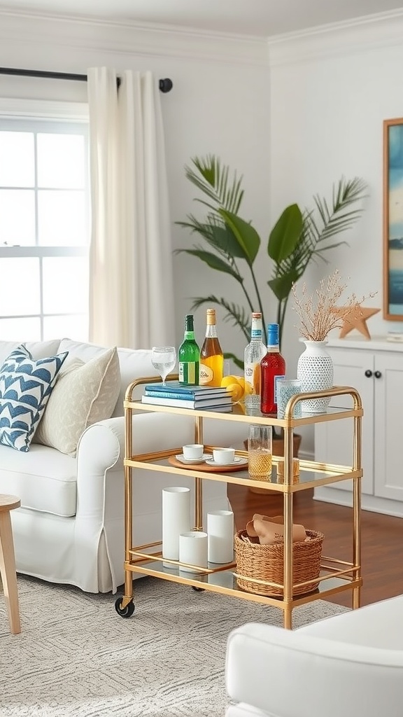 A stylish coastal bar cart with drinks and decor