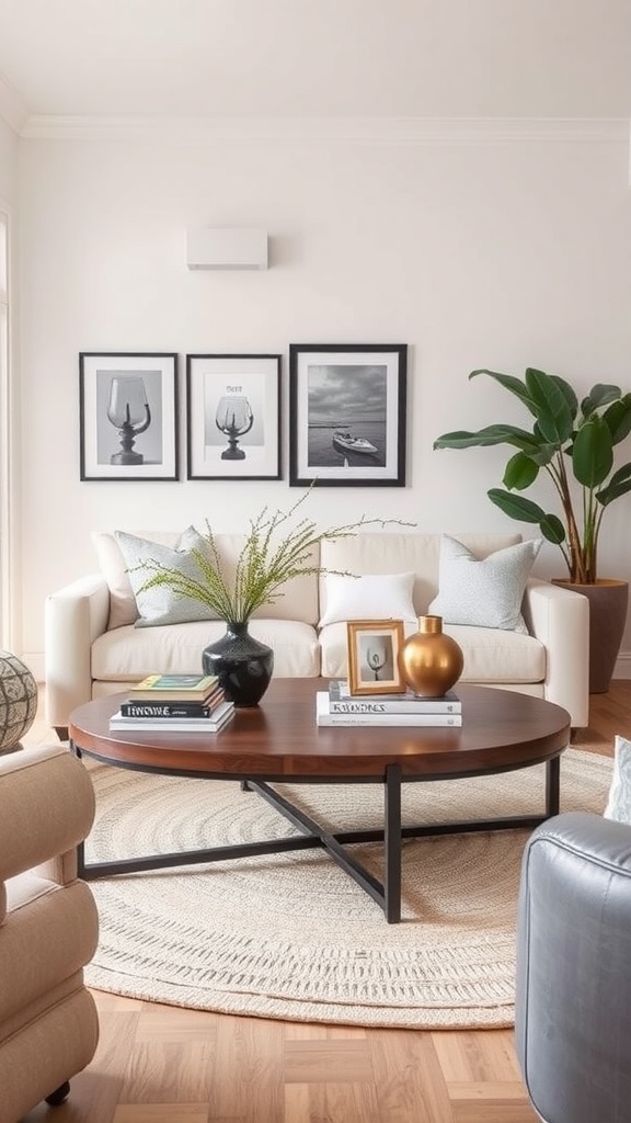 A neutral living room with a stylish coffee table arrangement featuring a wooden table, decorative items, and a cozy couch.