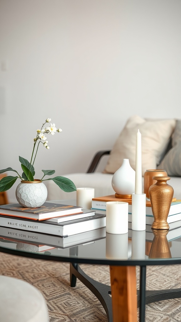 A stylish coffee table arrangement featuring flowers, candles, and books.