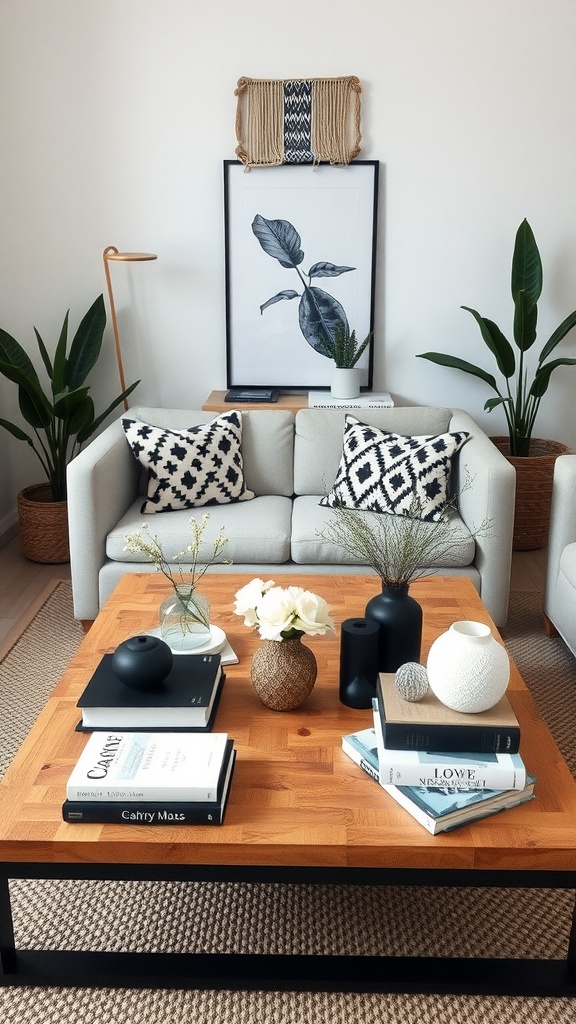 A stylish coffee table arrangement in a boho living room featuring books, vases, and decorative objects.