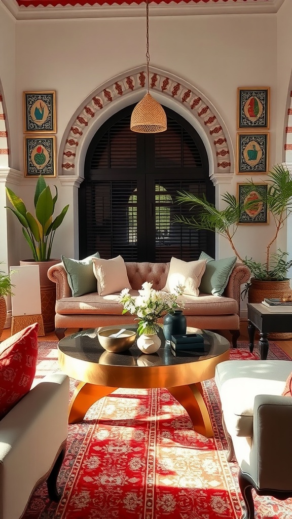 A stylish Moroccan living room featuring a round coffee table with decorative items, surrounded by comfortable seating and vibrant decor.