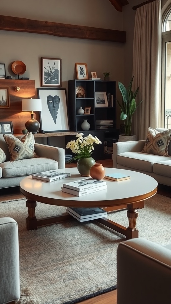 Cozy living room featuring a round coffee table with a white top and wooden legs, surrounded by comfortable sofas and decorative accents.