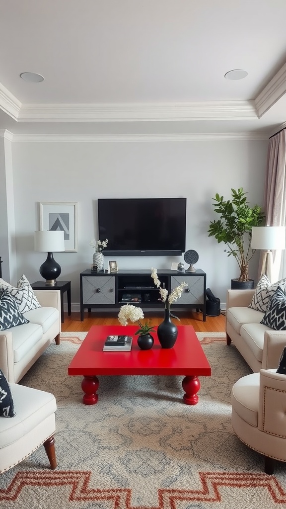 A stylish living room featuring a red coffee table, cream sofas, and decorative accessories in black and white.