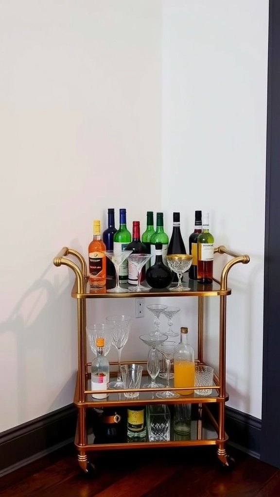 Stylish bar cart with colorful bottles and glassware in a living room corner