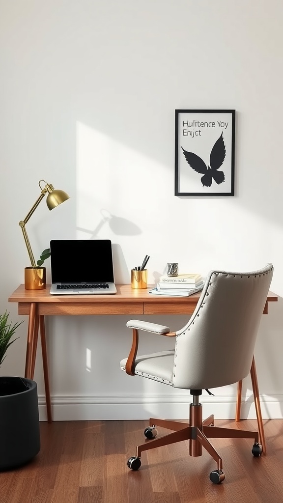 Stylish corner desk setup with a wooden desk, comfortable chair, laptop, lamp, and wall art