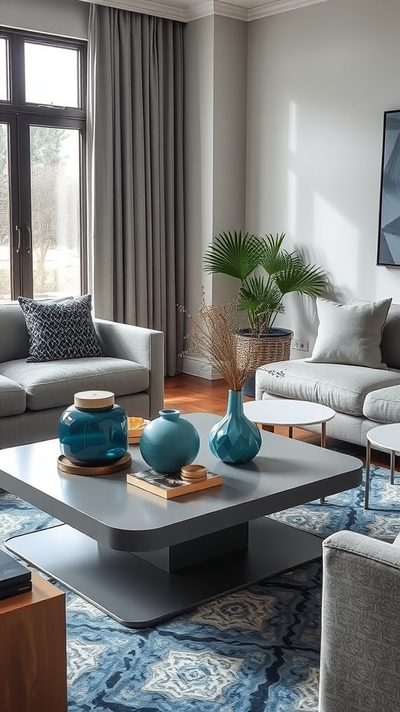 A stylish gray coffee table with blue accessories in a modern living room setting.