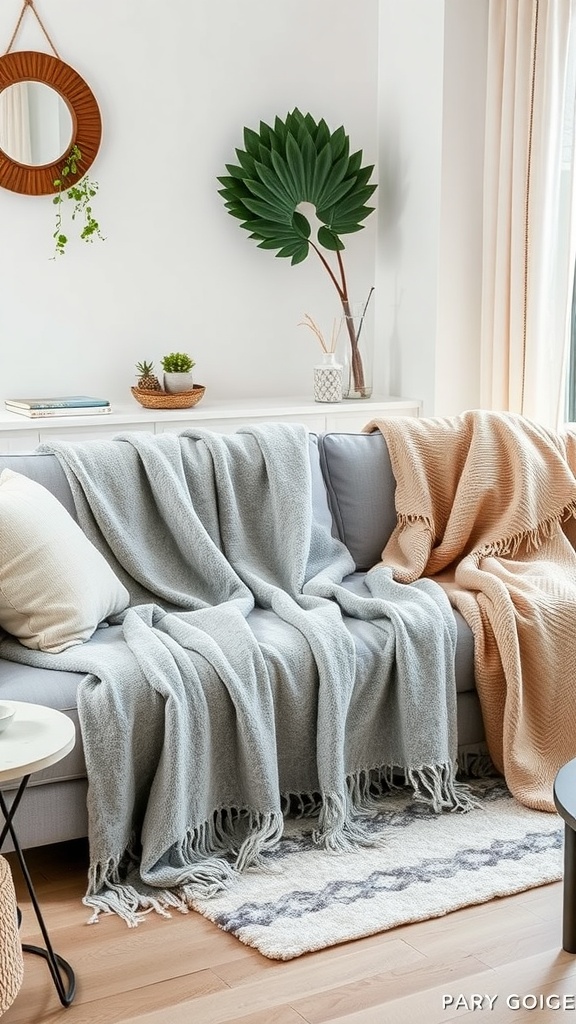 Cozy living room with grey and beige throw blankets on a sofa