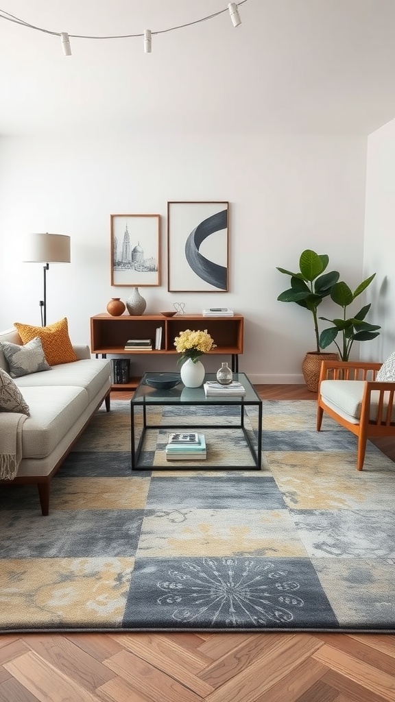 A stylish grey and gold area rug in a modern living room setting with a cozy sofa and decorative elements.