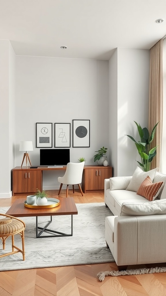 Stylish home office corner with a wooden desk, chair, and decorative elements in a cozy living room setting.