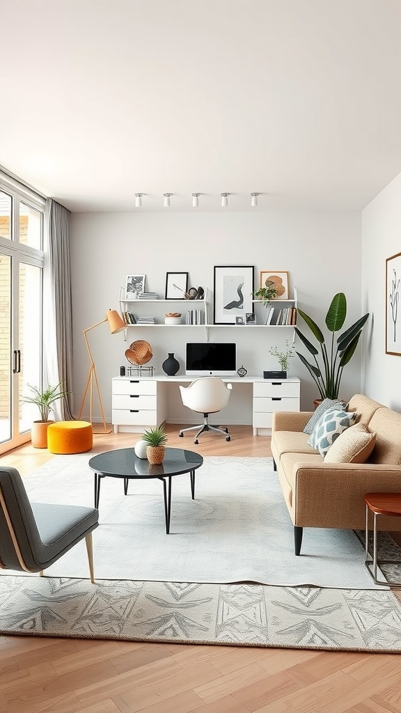 A stylish living room with an integrated home office featuring a desk, comfortable seating, and decorative elements.