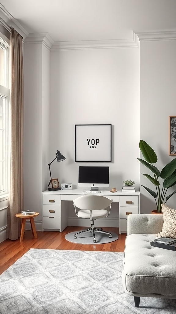 A stylish home office nook with a white accent wall, modern desk, and potted plant