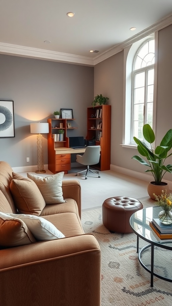 A stylish home office nook featuring a brown couch, wooden desk, large window, and plants.